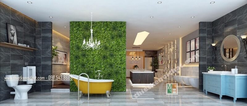 Thiết kế nội thất showroom thiết bị vệ sinh đẹp với 2 bức tượng ốp gạch màu xám nổi bật cùng với gương trang trí tạo nên không gian nổi bật