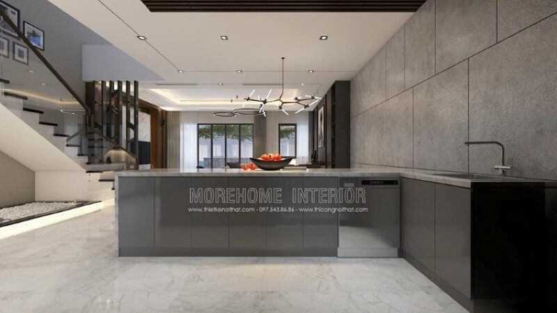 Thiết kế nội thất phòng bếp biệt thự hiện đại mới lạ đưa ra ý tưởng sử dụng bếp đảo tách rời nhưng vẫn đảm bảo các tính năng thiết kế như máy rửa bát, bồn rửa, tủ nhiều ngăn và bề mặt lớn đá nhân tạo giúp bạn trưng bày được nhiều món ăn.